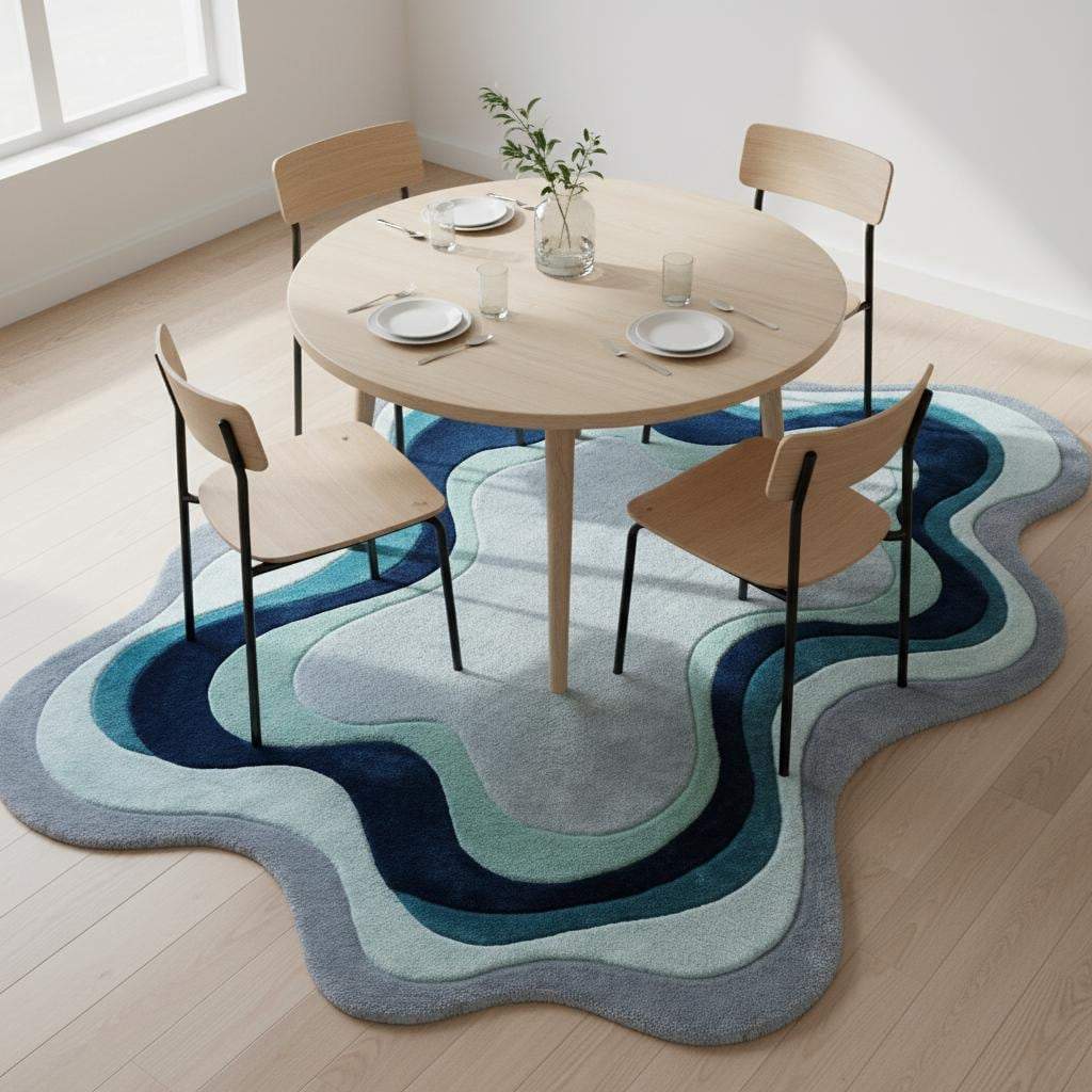 Custom irregular abstract rug with layered wavy pattern displayed in a comfortable living space with neutral seating.