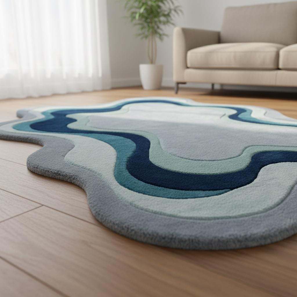 Wavy Abstract Rug • Irregular Shape, Modern Blue Accent Carpet