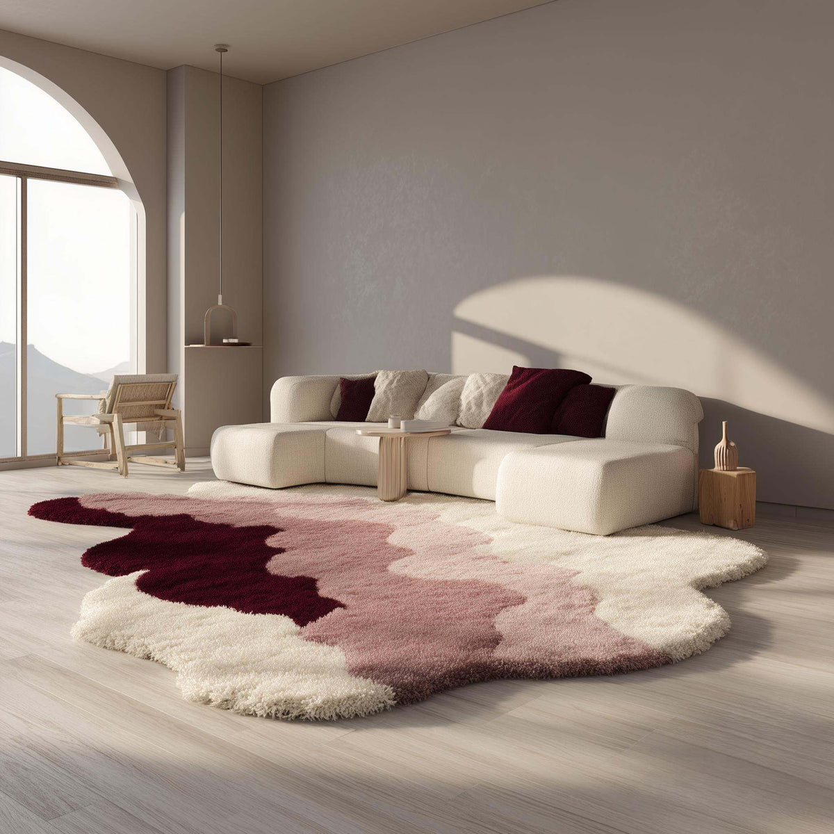 Wavy abstract shag rug with cream, blush, mauve, and burgundy organic curves on textured pile