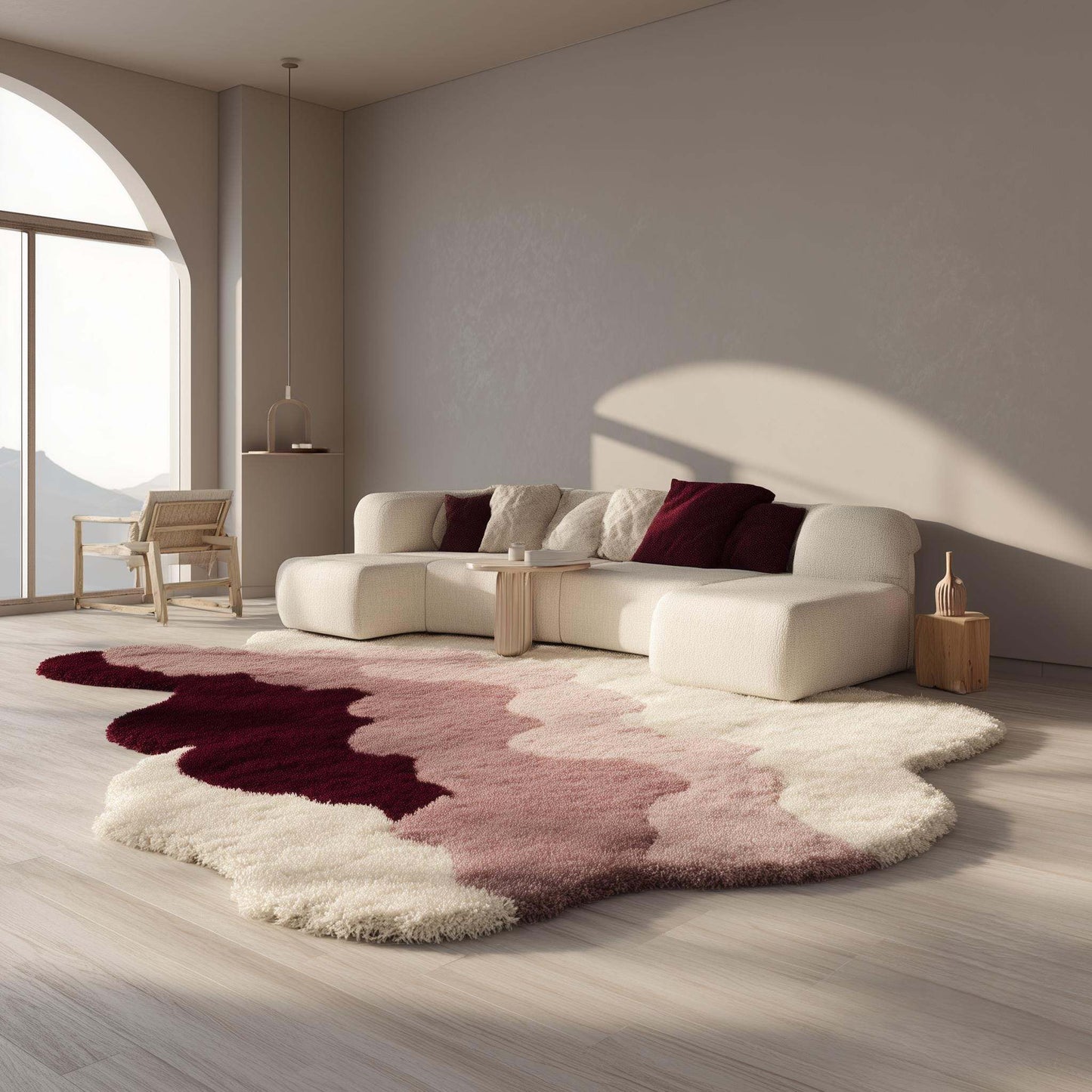 Organic wavy abstract rug in cream, blush, mauve, and burgundy on light wood flooring. __etsy:7229906004