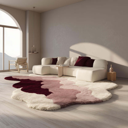Organic wavy abstract rug in cream, blush, mauve, and burgundy on light wood flooring. __etsy:7229906004