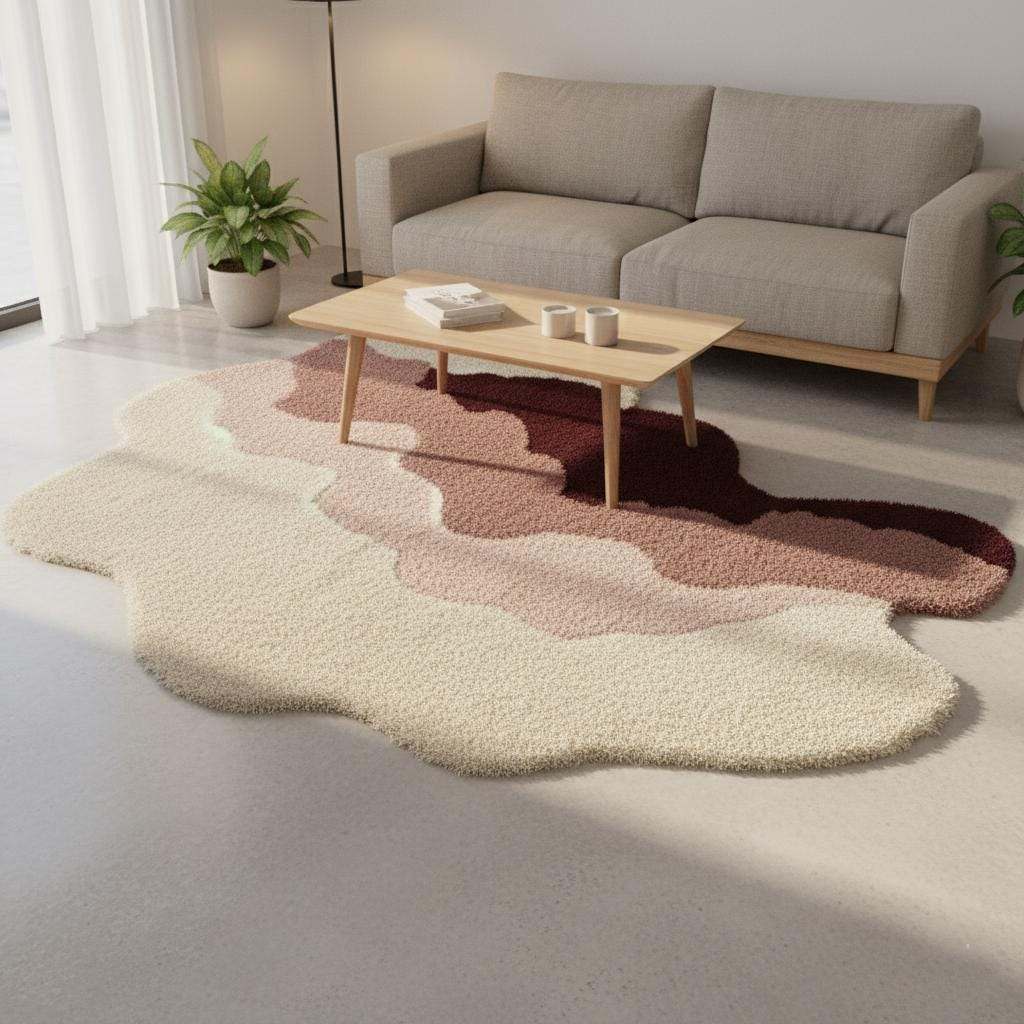 Sculptural wavy rug styled in a bright room with light wooden floors. __etsy:7277872191