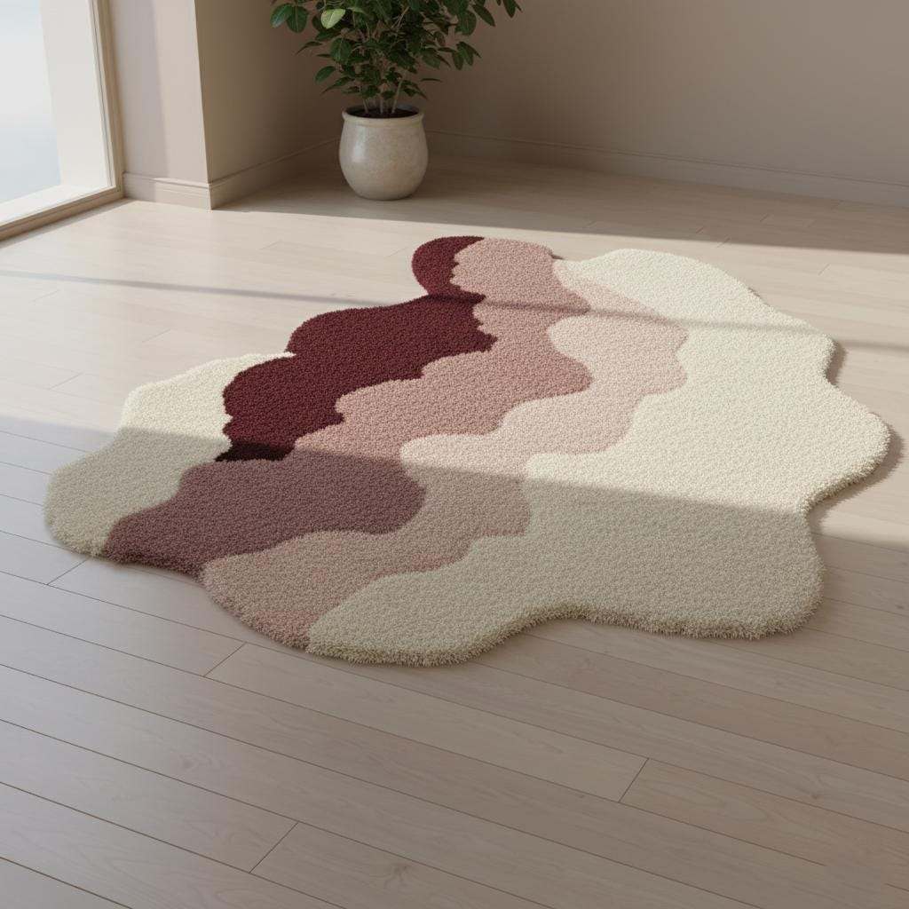 Modern accent rug with burgundy and blush abstract waves on a cream base. __etsy:7277872203
