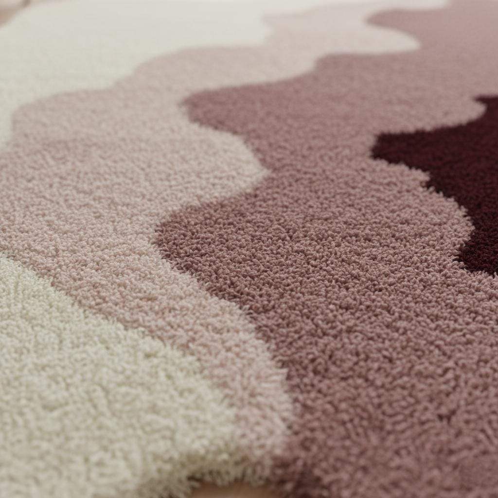 Close-up of textured shag pile with flowing wave-like color pattern. __etsy:7229905882