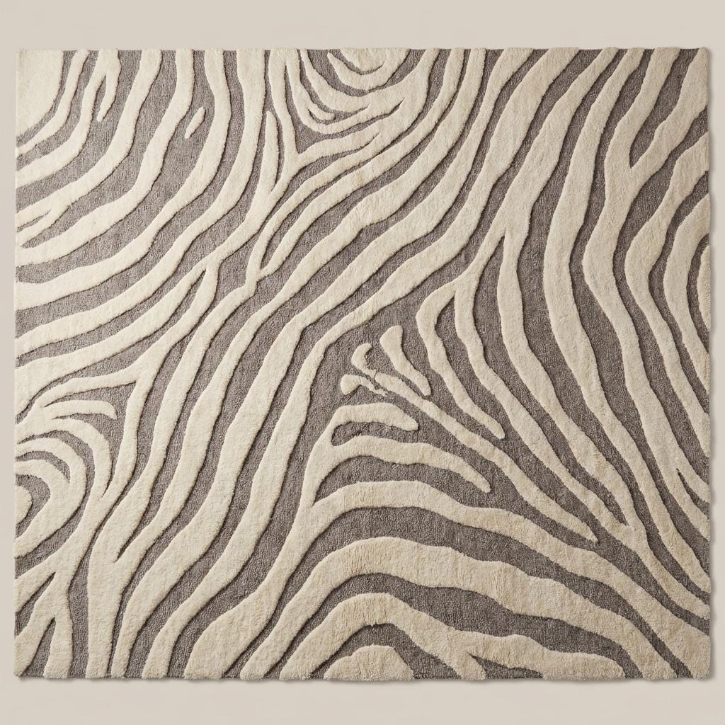 Hand tufted wool area rug with modern abstract zebra pattern in ivory and gray tones