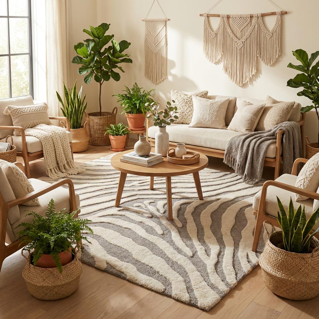 Hand tufted wool modern abstract zebra pattern area rug with high-low texture in neutral tones