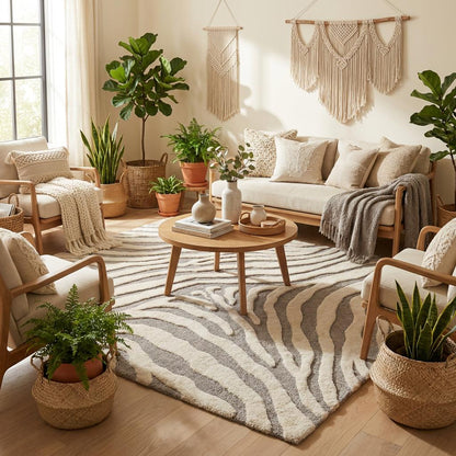 Hand tufted wool modern abstract zebra pattern area rug with high-low texture in neutral tones