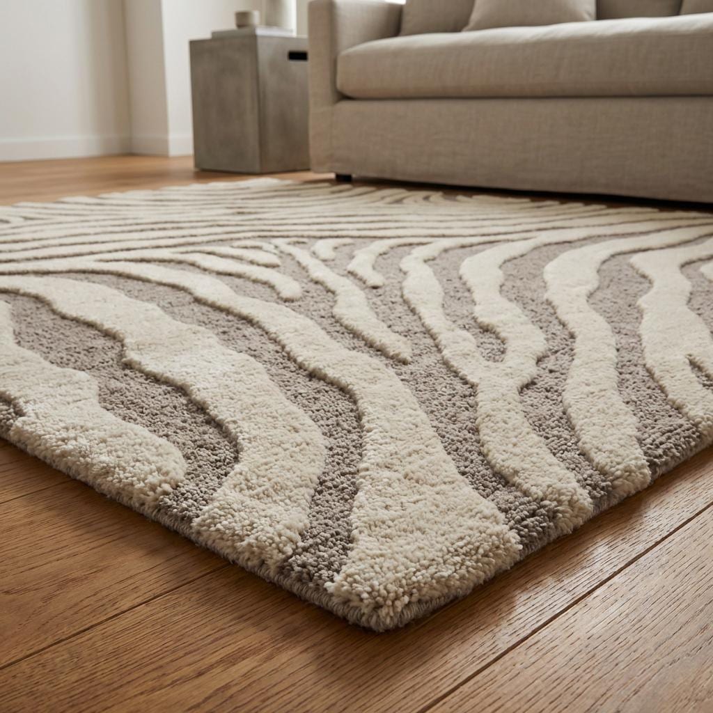 Large neutral hand tufted living room rug with high low carved design and soft wool surface.