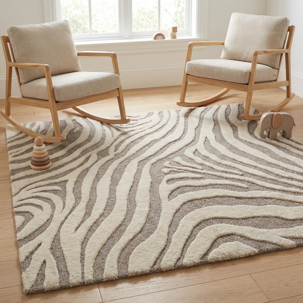 Modern sculpted wool area rug in gray and cream tones styled under accent chair.