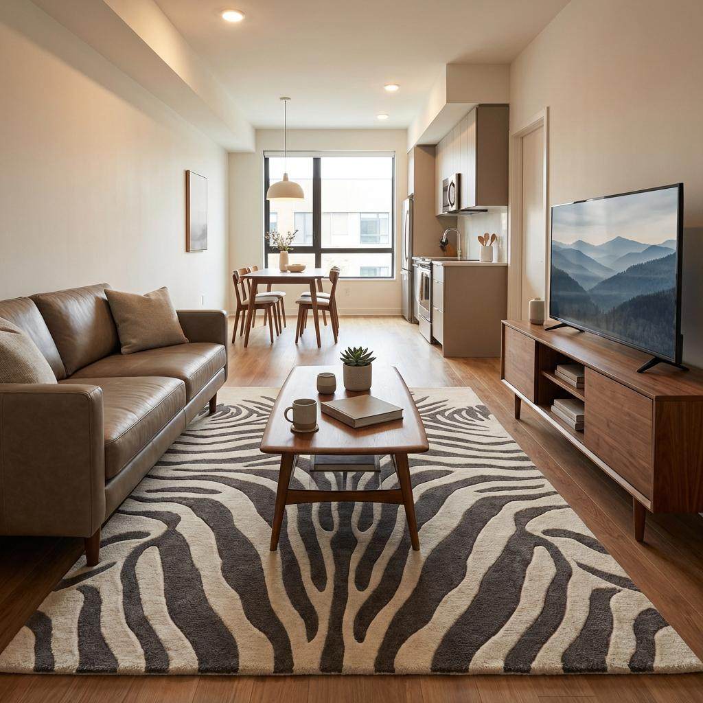 Zebra Print Hand Tufted Wool Rug, Modern Ivory Charcoal Area Rug for Living Room Bedroom, Bold Animal Pattern Floor Carpet