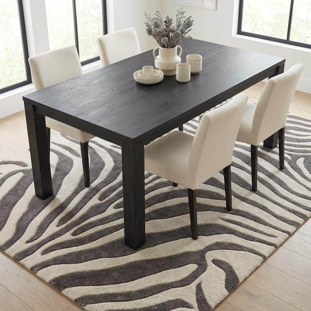 Zebra Print Hand Tufted Wool Rug, Modern Ivory Charcoal Area Rug for Living Room Bedroom, Bold Animal Pattern Floor Carpet