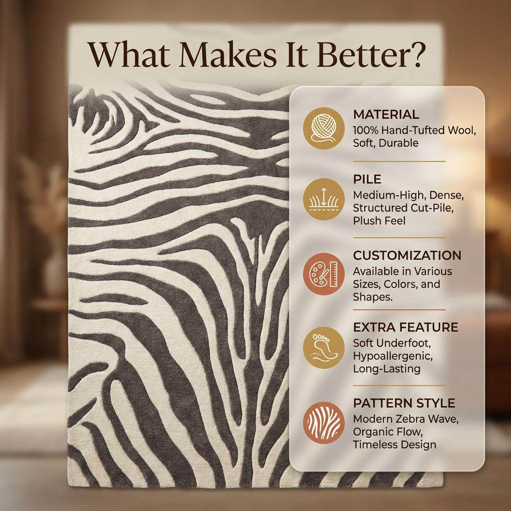 Zebra Print Hand Tufted Wool Rug, Modern Ivory Charcoal Area Rug for Living Room Bedroom, Bold Animal Pattern Floor Carpet