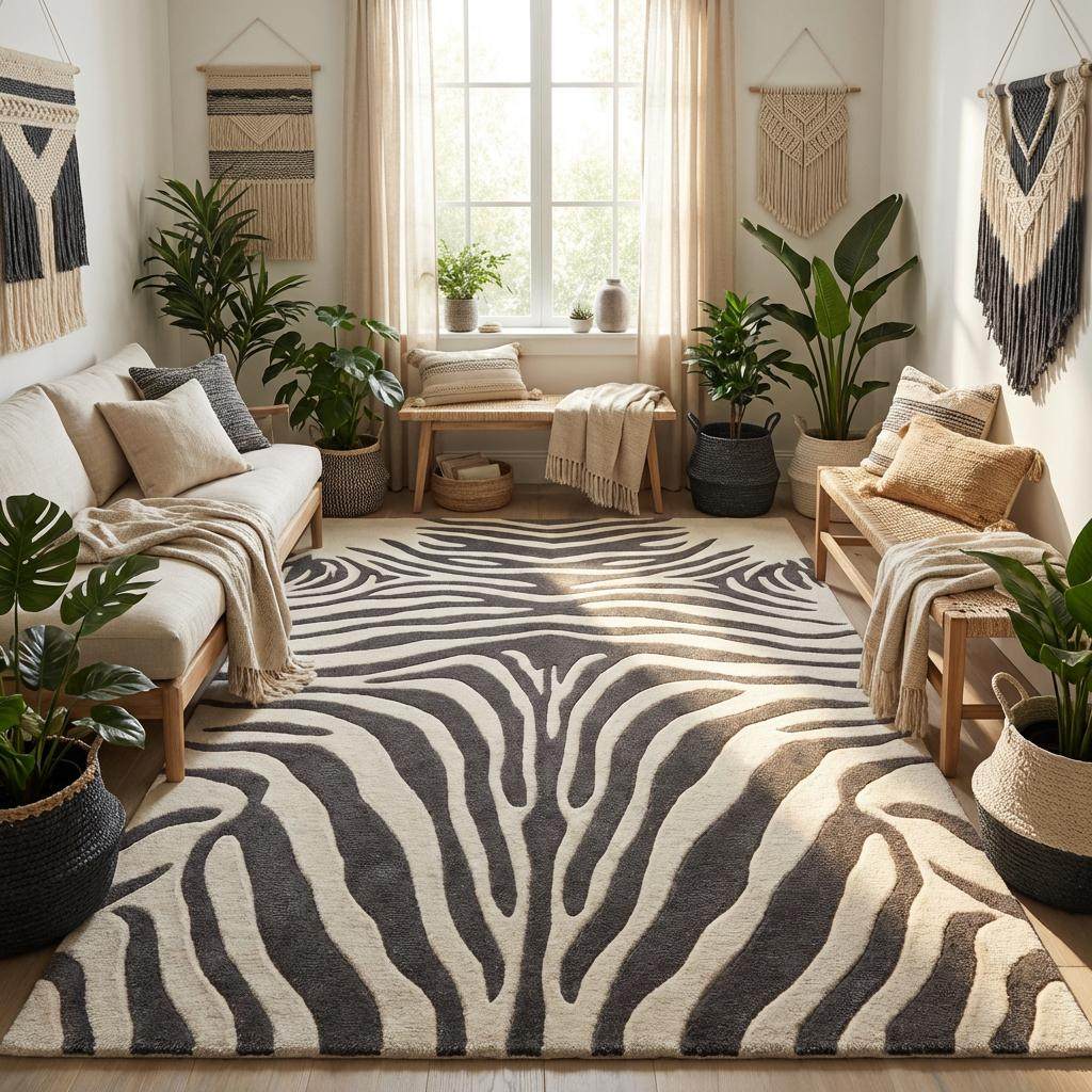 Contemporary ivory and gray zebra area rug with sculpted pattern adding contrast to neutral modern interior.