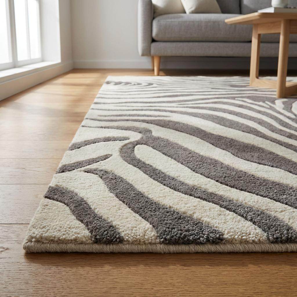Black and white style zebra wool carpet featuring dimensional carved stripes and soft medium pile height.