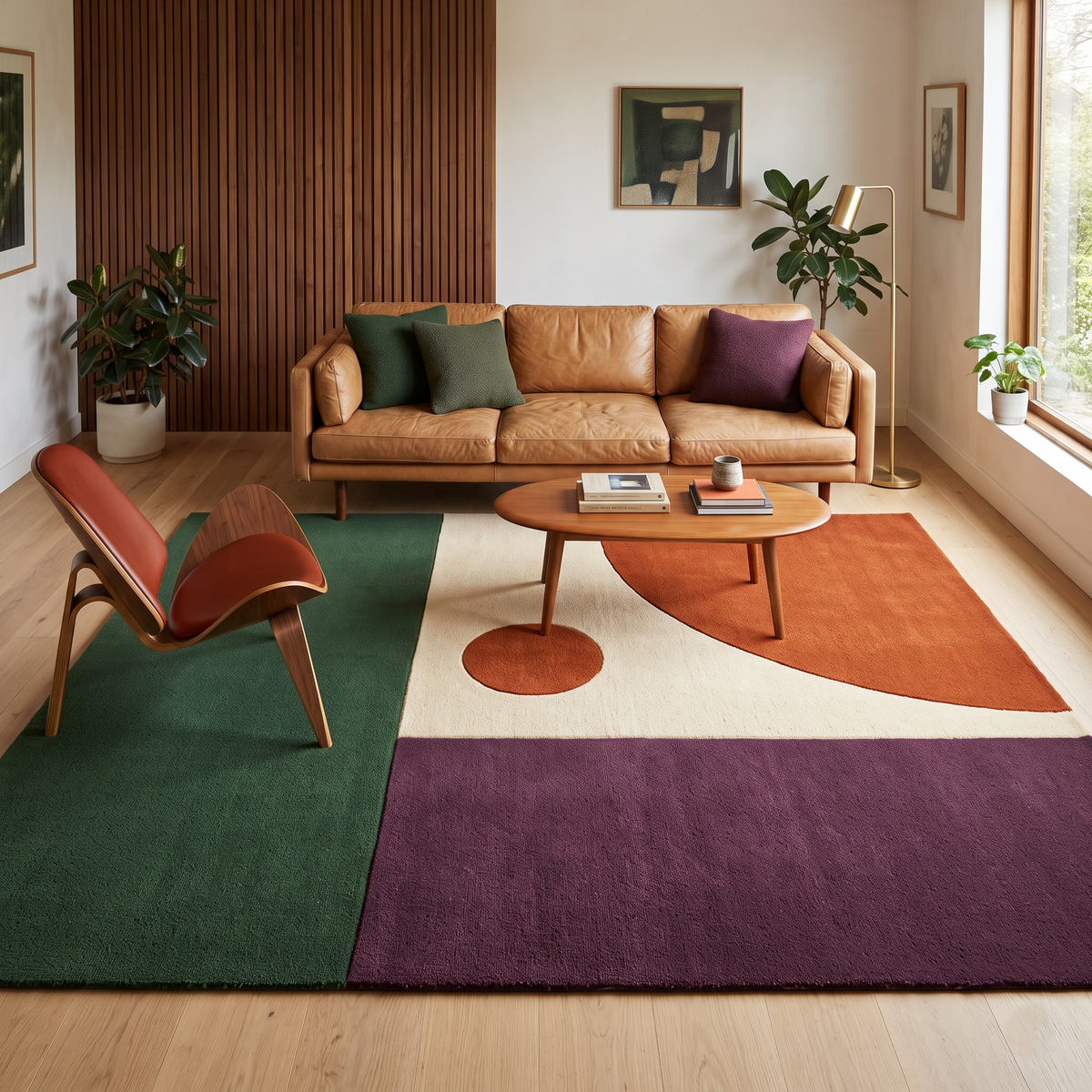 Color Block Rug in forest green, plum, burnt orange and cream wool, featuring a bold geometric half circle and dot