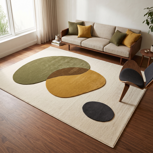 Organic Abstract Rug with an ivory wool base and sculpted olive, mustard, brown and charcoal pebble shapes