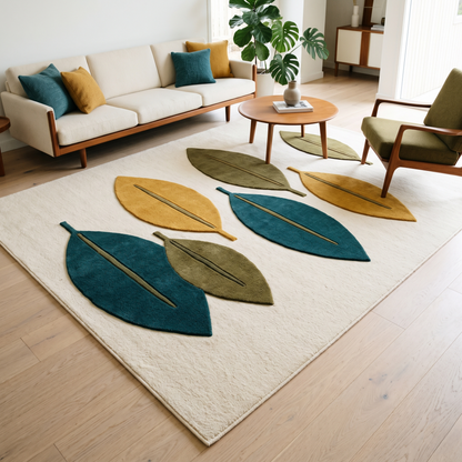 Mid Century Leaf Rug in ivory wool with raised teal, mustard, and olive leaves featuring carved central veins.
