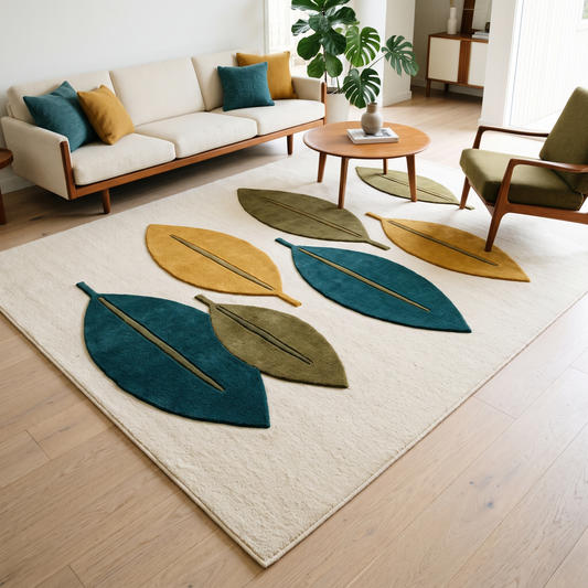Mid Century Leaf Rug in ivory wool with raised teal, mustard, and olive leaves featuring carved central veins.