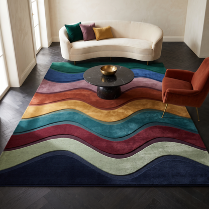 Wave Stripe Rug in plush wool with carved, flowing bands of teal, cobalt, rust, mustard, burgundy, sage and navy