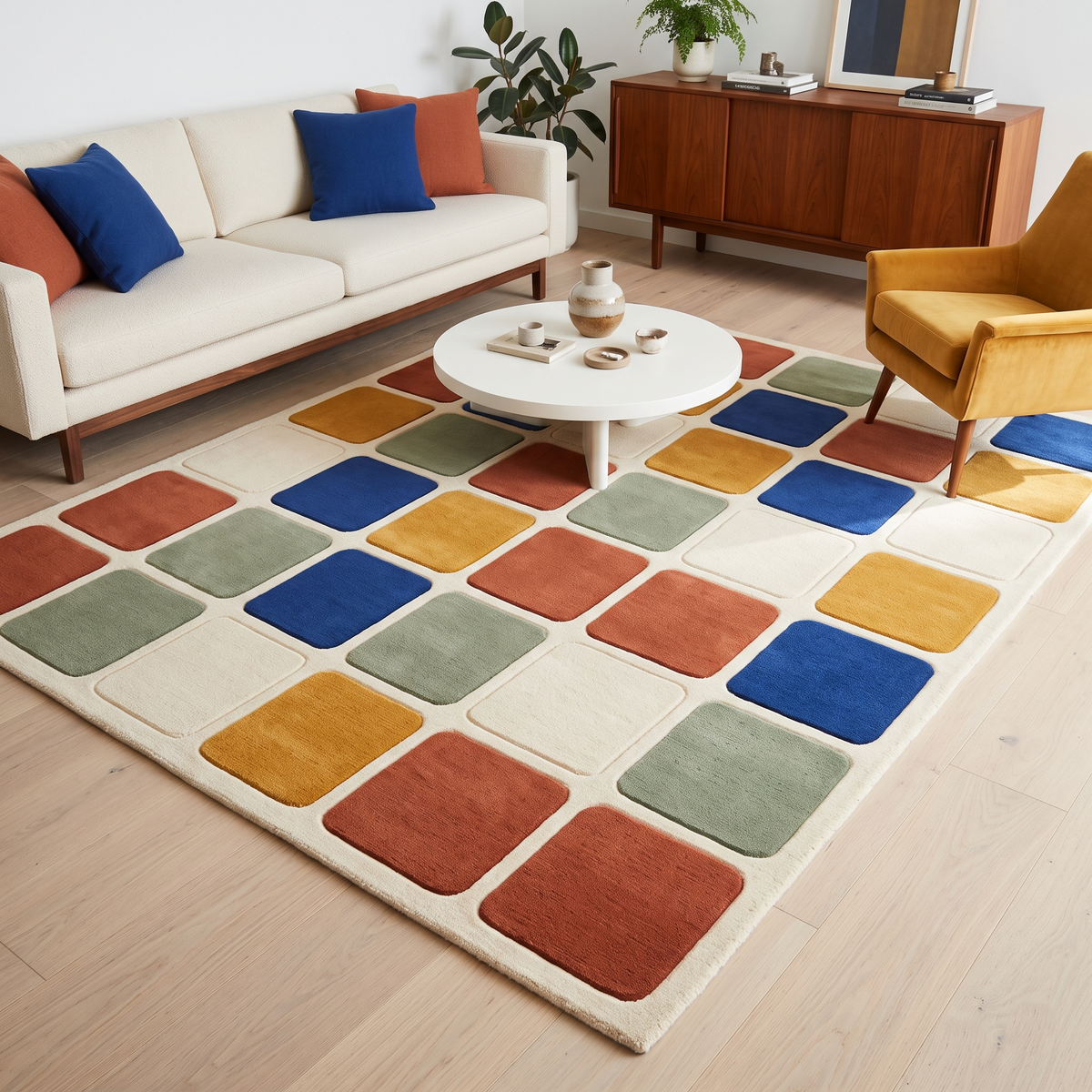 Checkered Rug with cream ground and raised rounded squares in rust, blue, mustard, and sage green