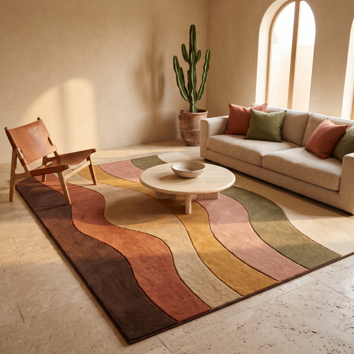 Desert Wave Rug in wool with flowing bands of brown, terracotta, blush, sand, mustard and olive green