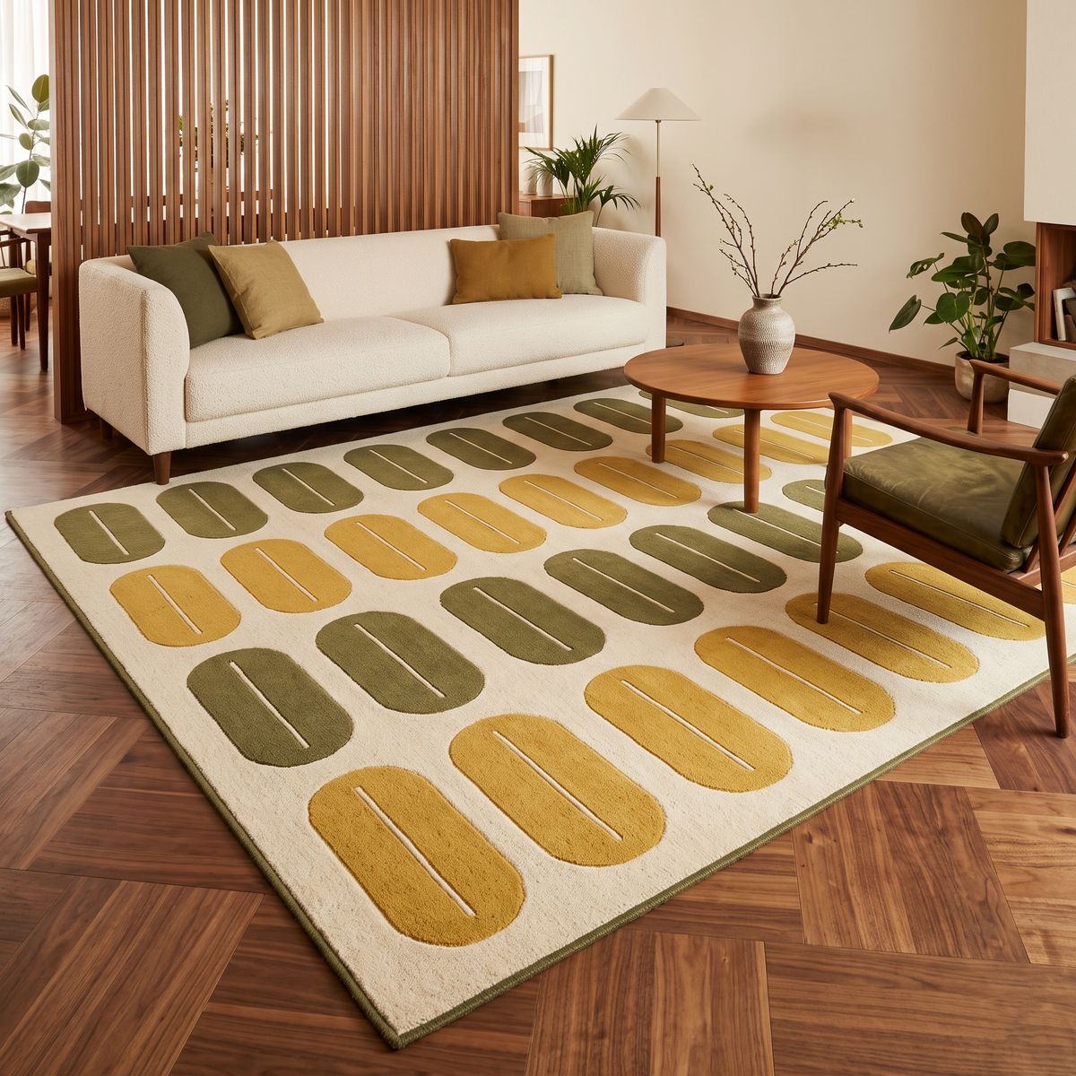 Retro Oval Rug in ivory wool with rows of carved olive and mustard rounded shapes and a slim olive border