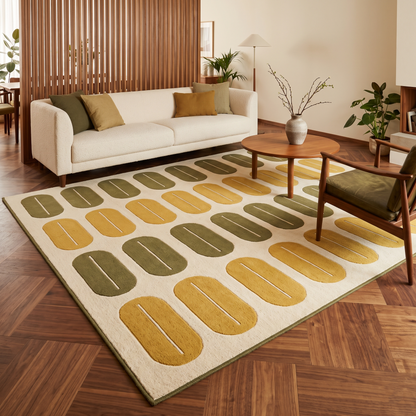 Retro Oval Rug in ivory wool with rows of carved olive and mustard rounded shapes and a slim olive border