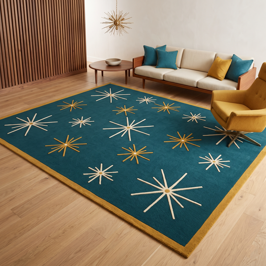 Atomic Starburst Rug in deep teal with ivory and mustard starbursts and a mustard border, featuring raised sculpted motifs.