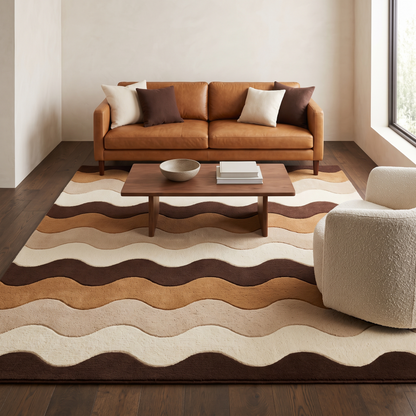 Brown Wavy Stripe Rug with alternating cream, beige, caramel and dark brown waves and a deep brown border