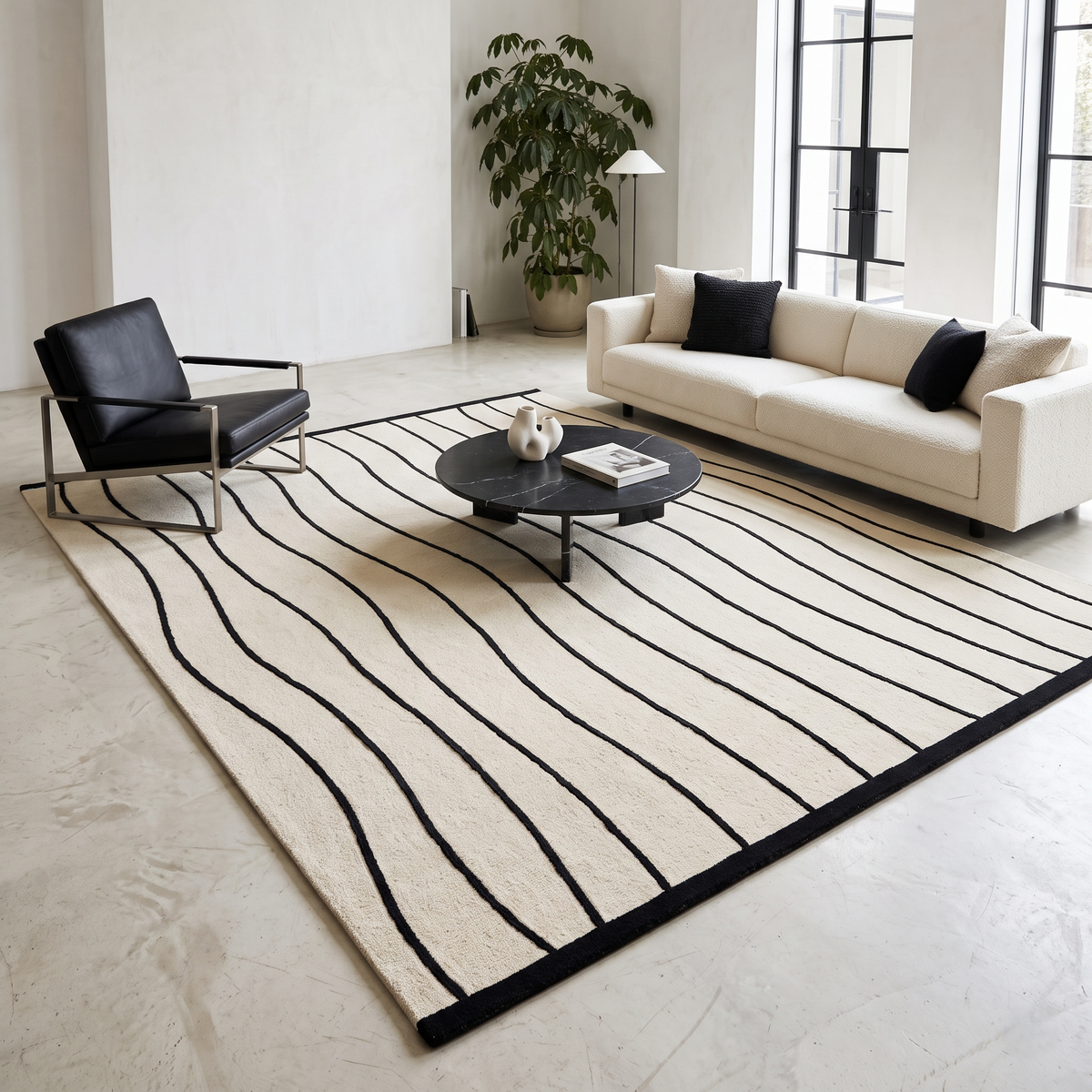 Black and White Wavy Line Rug with flowing black stripes on an ivory ground and a crisp black border
