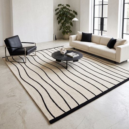 Black and White Wavy Line Rug with flowing black stripes on an ivory ground and a crisp black border