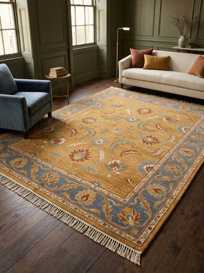 Gold Oushak Rug in golden mustard wool with rust, sage and ivory floral motifs, slate blue border and fringe