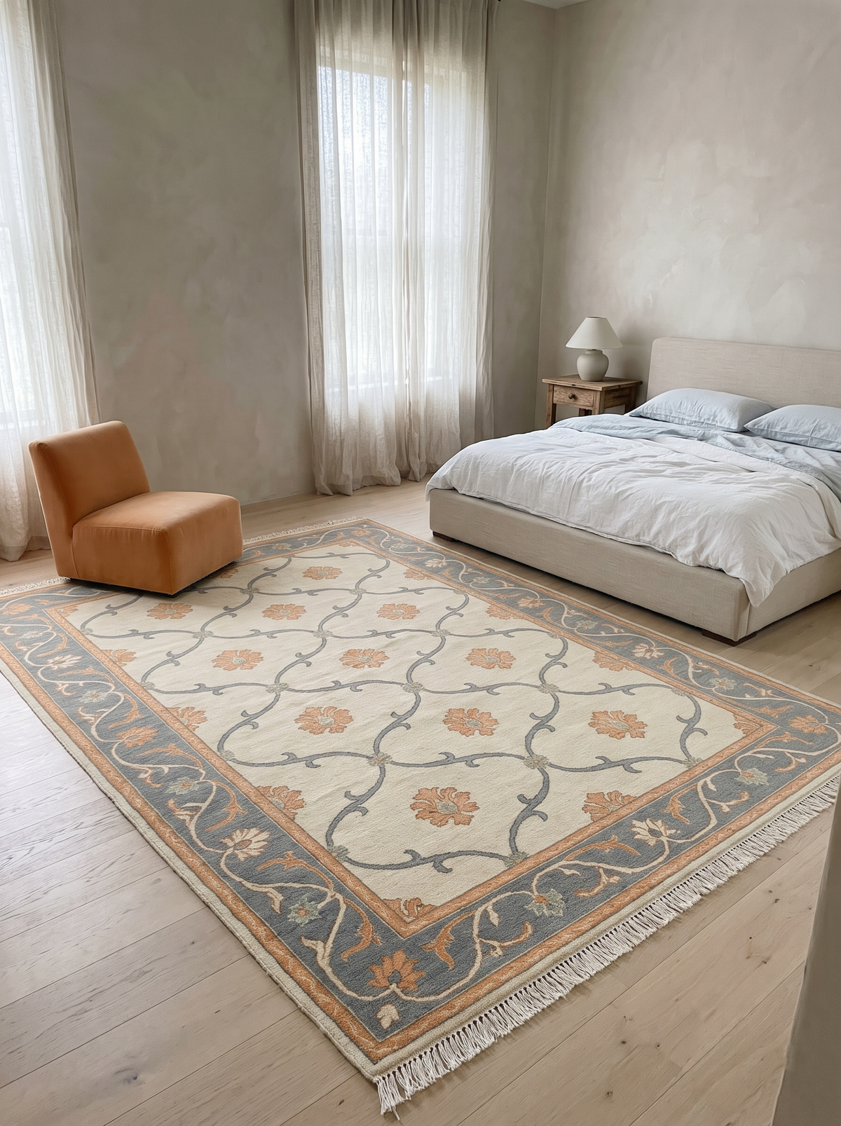 Ivory Trellis Rug with a cream field, slate blue vine lattice, peach floral motifs and a blue floral border