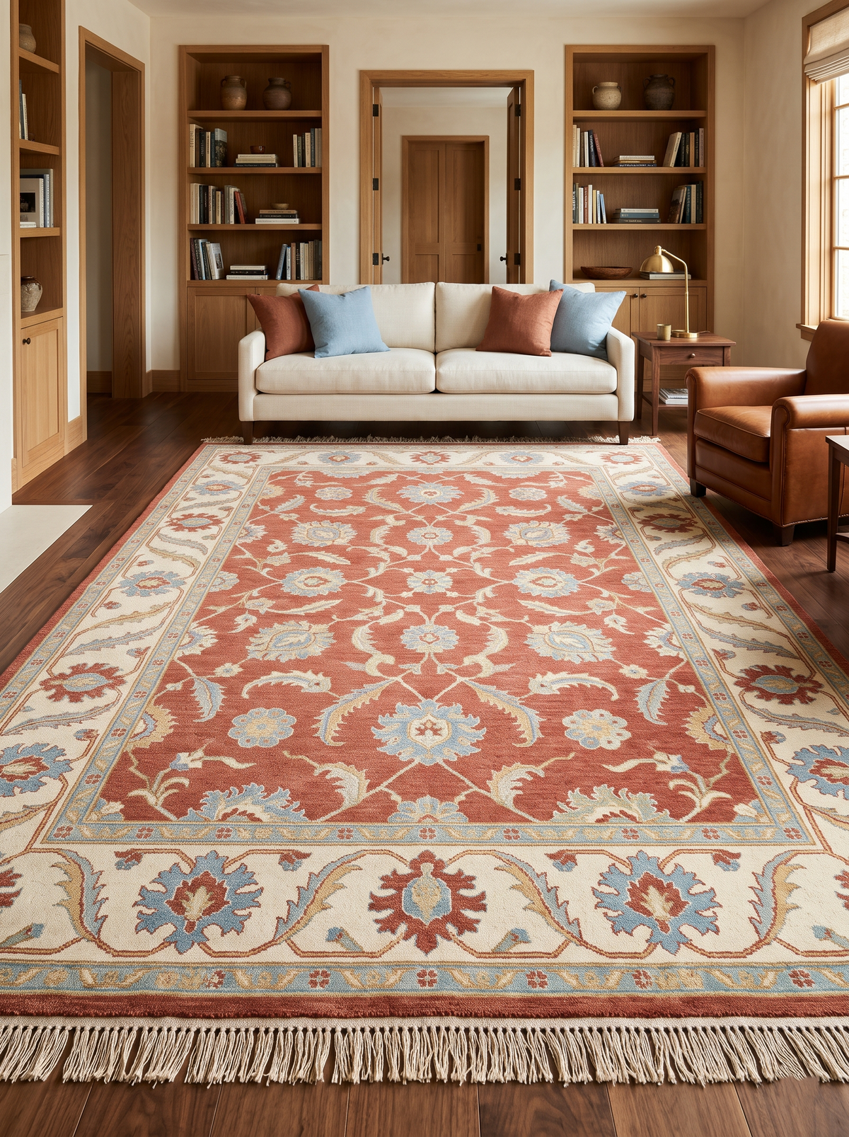 Terracotta Oushak Rug with a terracotta floral field, ivory border, pale blue and rust motifs, and tasseled fringe
