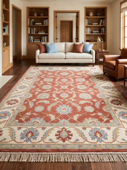 Terracotta Oushak Rug with a terracotta floral field, ivory border, pale blue and rust motifs, and tasseled fringe