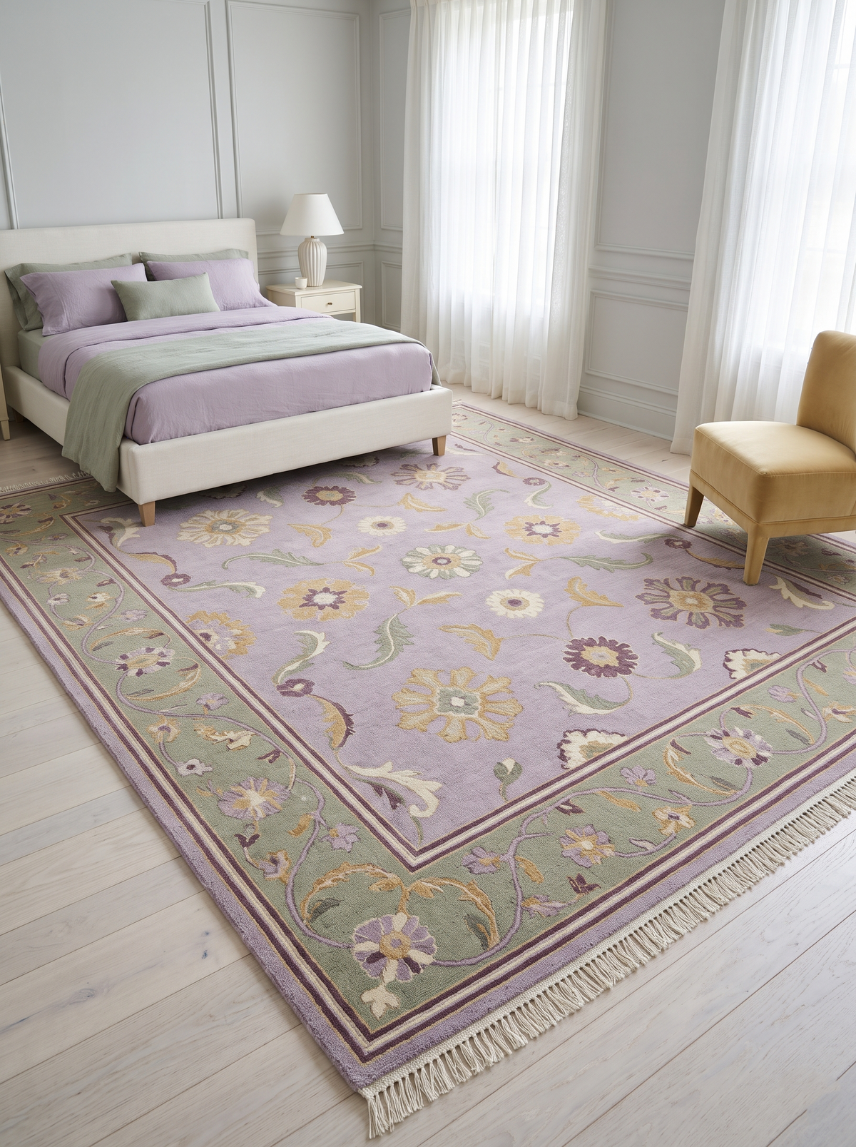 Lavender Floral Rug in wool with a pale lilac field, colorful flower motifs, sage vine border, and fringe