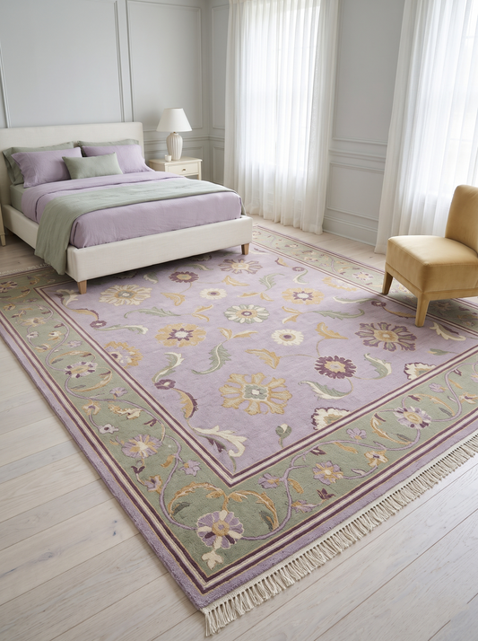Lavender Floral Rug in wool with a pale lilac field, colorful flower motifs, sage vine border, and fringe