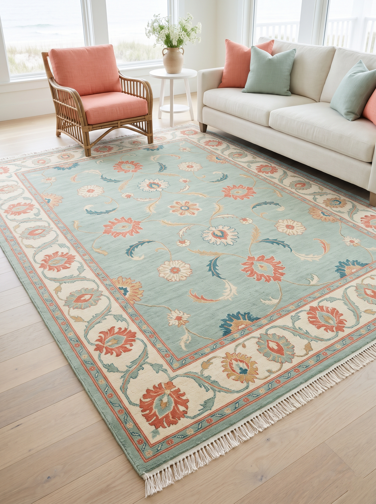 Seafoam Oushak Rug in wool with coral and teal floral palmettes, an ivory border, and hand-tied fringe