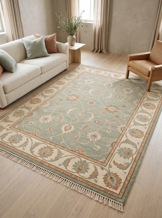 Sage Green Oushak Rug in muted sage wool with ivory floral vine motifs, camel accents, wide ivory border and fringe