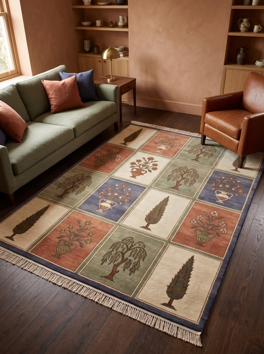 Garden Panel Rug with a grid of tree and flower vase motifs in terracotta, sage, ivory and blue wool, finished with fringe