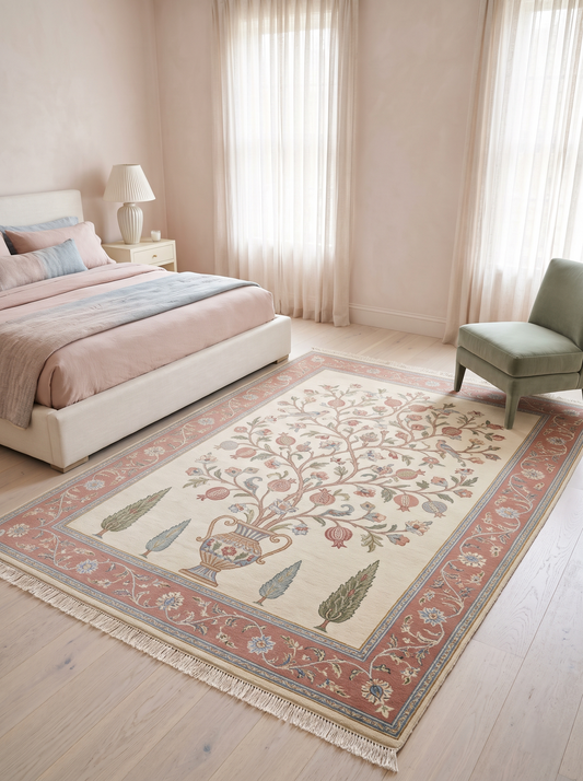 Tree of Life Rug in ivory wool with a terracotta floral border, featuring a vase, leafy pomegranate tree and cypress motifs