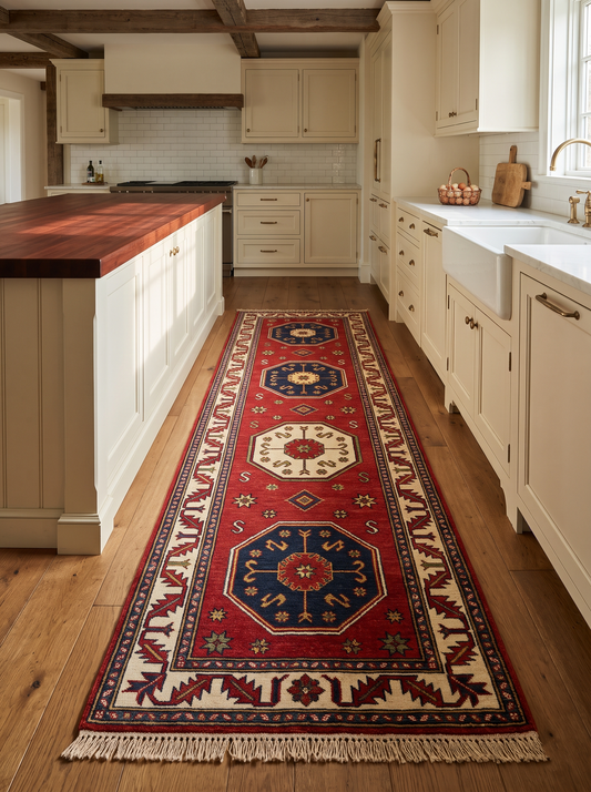 Red Kazak Runner Rug with a red field, navy and ivory geometric medallions, leaf border and fringed ends
