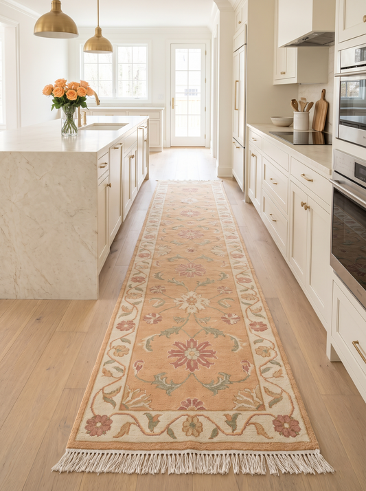 Peach Oushak Runner Rug in wool with a peach field, ivory floral border, muted sage leaves and fringe