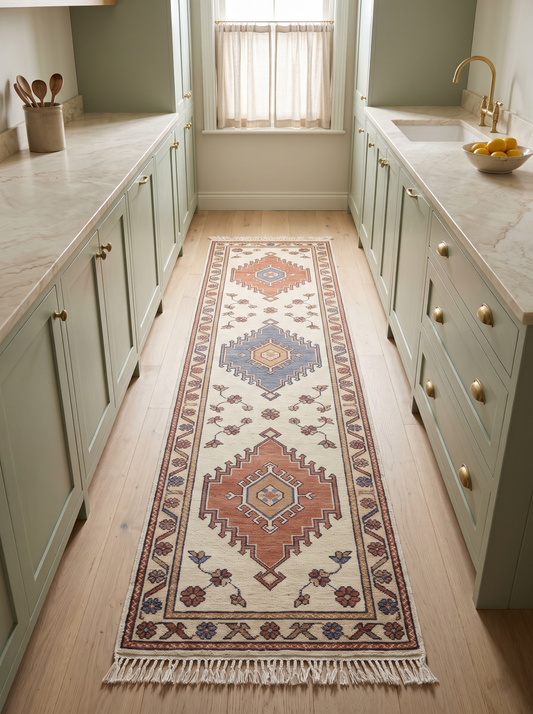 Ivory Tribal Runner Rug with wool pile, terracotta and blue stepped diamond medallions, floral motifs and fringed ends