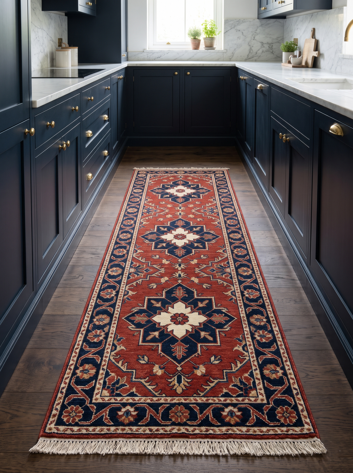 Rust Red Heriz Runner Rug in wool, featuring three navy and ivory geometric medallions, floral border and fringe