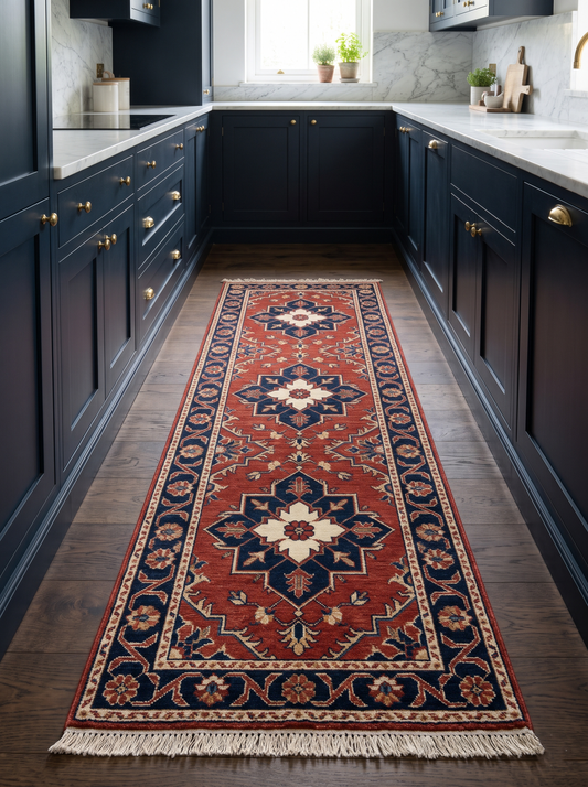 Rust Red Heriz Runner Rug in wool, featuring three navy and ivory geometric medallions, floral border and fringe