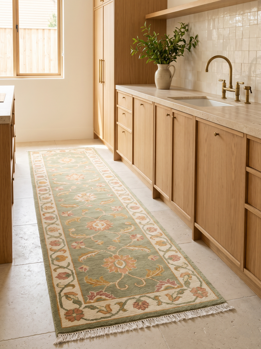 Sage Green Oushak Runner Rug in sage green wool with ivory floral vines, camel and terracotta motifs, and fringed ends