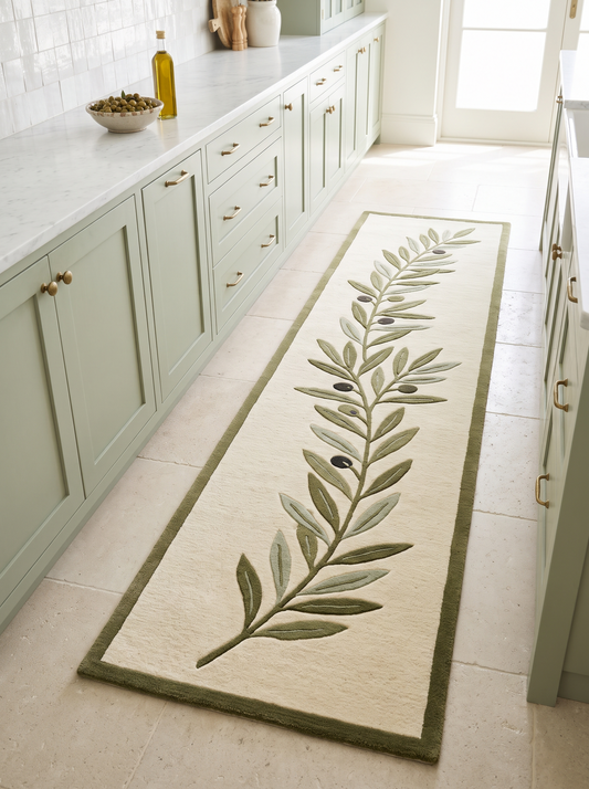 Olive Branch Runner Rug with an ivory field, olive green border and tufted botanical branch in sage and grey leaves
