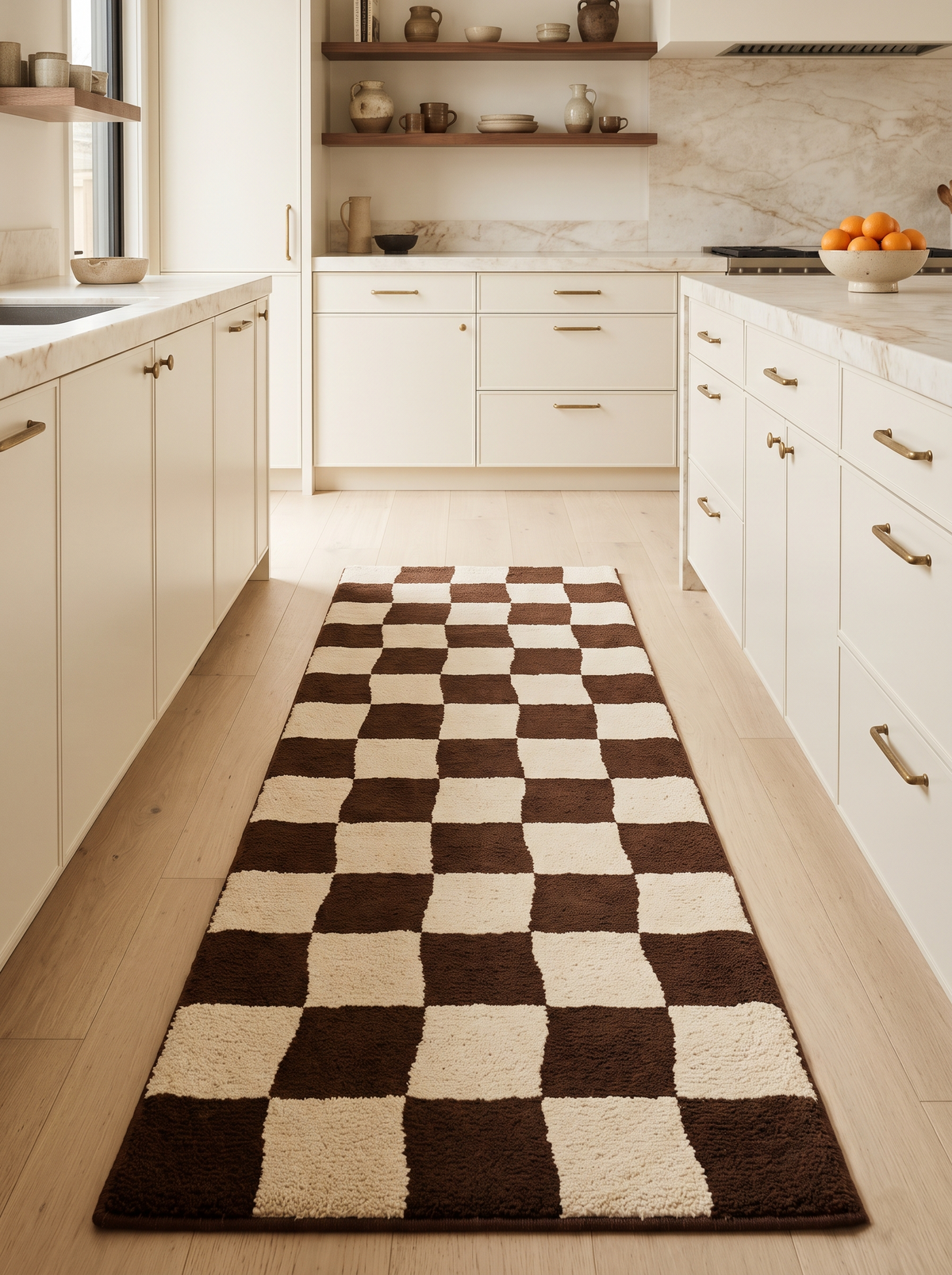 Checkered Runner Rug in brown and ivory wool, featuring a plush checkerboard pattern with softly wavy lines