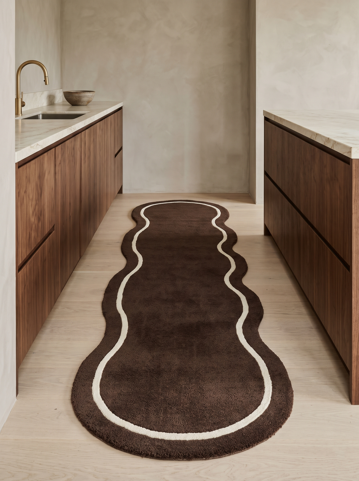Brown Wavy Runner Rug with a deep chocolate brown pile and an ivory contour line following its organic, undulating shape